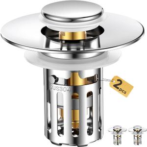 (2 Pc) All Metal Bathroom Sink Stopper Fit 99% - 3 in 1 Universal Pop Up Sink Stopper with Removable Stainless Steel Filter Basket Hair Catcher - for 1.1'' to 2.36'' Basin - Brass Core, 7000+ Tested