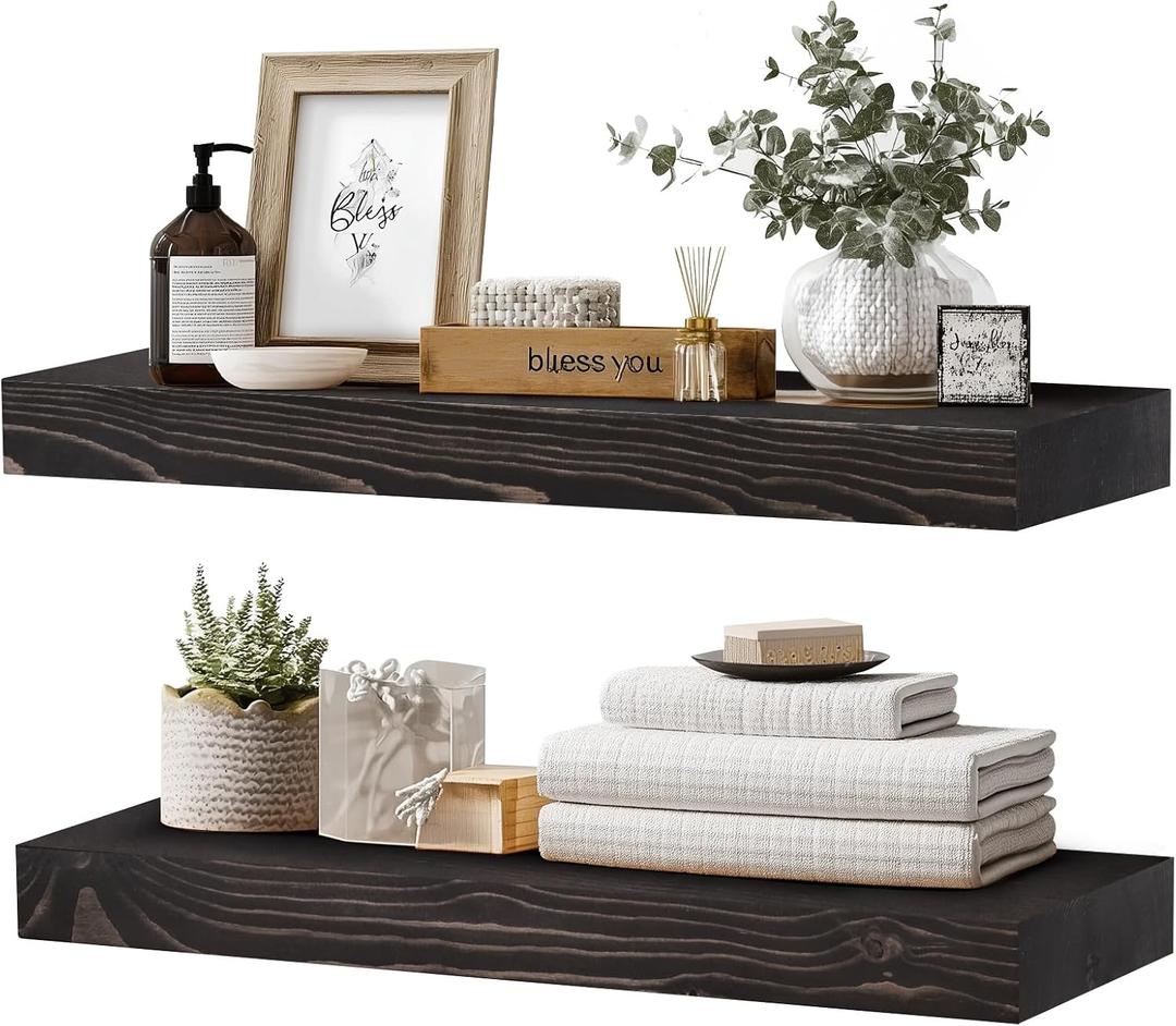 24x8x1.6 inch Floating Shelves Set of 2 Solid Wood Rustic Black Wall Mounted Shelf for Kitchen, Bathroom, Living Room