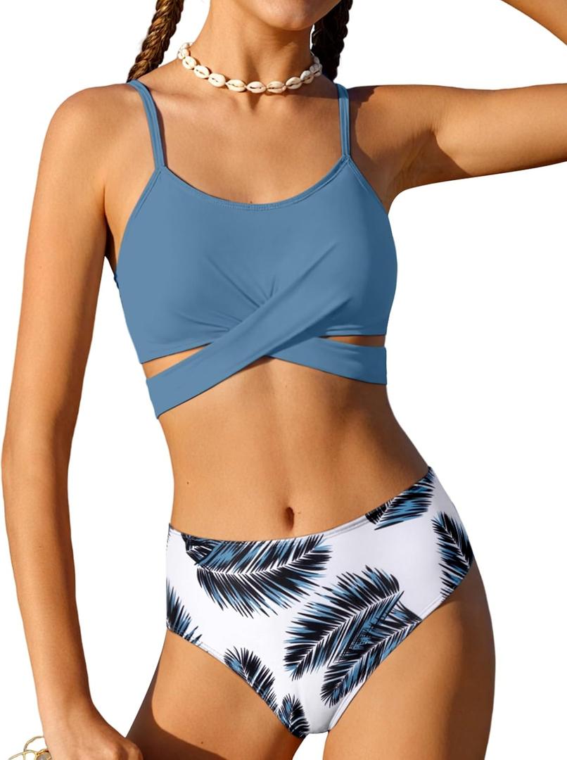Girls Swimsuits Bikini Set Two Piece Bathing Suit Criss Cross Girls' Swimwear with Chest Pad (13-14 Years, Blue Leaf-cross)