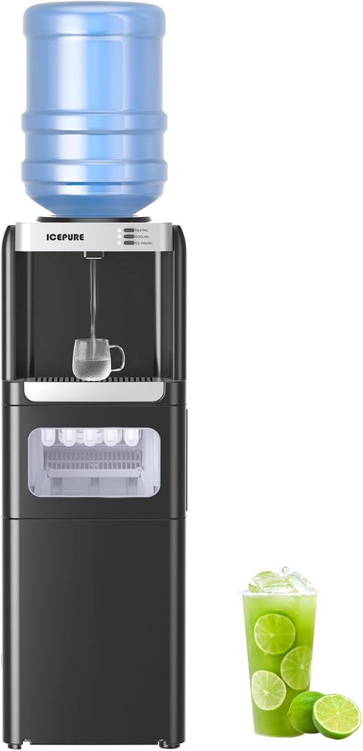 ICEPURE Water Cooler Dispenser with Build-in Ice Maker, Hot and Cold Water Dispenser with Bullet Ice Maker, 33lbs/24H, Child-Lock,Top Loading
