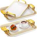Rtteri Set of 6 Serving Platters with Handles 18.3/16.73/14.8 Inch Large Rectangular Serving Tray Reusable for Entertaining Dinner Party Wedding Decoration(Golden Handles,White)
