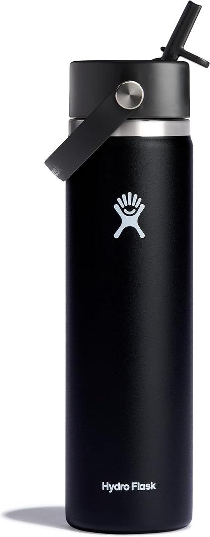 Hydro Flask Water Bottle - Insulated Stainless Steel - Wide Straw Lid, Non Spill, Leakproof in 24 Oz, Black 