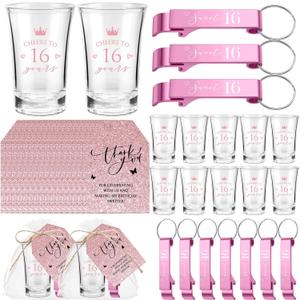25 Sets Sweet 16 Party Favors for Guests Acrylic Shot Glasses with Bottle Opener Keychains Pink Thank You Card and Bags Favors for Quinceanera Birthday 16 Years Party