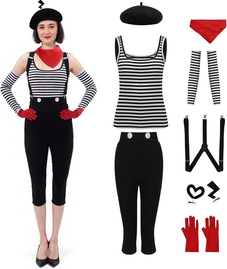 Women Mime Costume French Pantomime Artist Outfit Vest Pants Beret Scarf Dumb Show Halloween Cosplay Suit, S