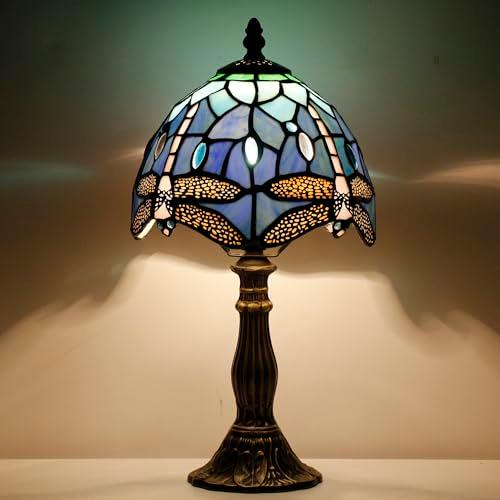 Small Tiffany Lamp Stained Glass Desk Lamp Vintage Tiffany Bedside Table Lamp for Home Living Room Bedroom Nightstand 8X15 Inch (Blue Dragonfly Style)