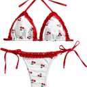 MakeMeChic Women's 2 Piece Bikini Set Cherry Halter Backless Ruffle String Cute Bathing Suit (X-Large, Red and White)