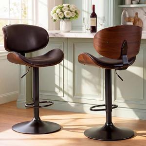 DUMOS Swivel Bar Stools Set of 2, Adjustable Counter Height Bentwood BarStools, PU Leather Upholstery Bar Chair with Ergonomic Back and Footrest, Counter Stools for Bar, Home Kitchen Island, Black
