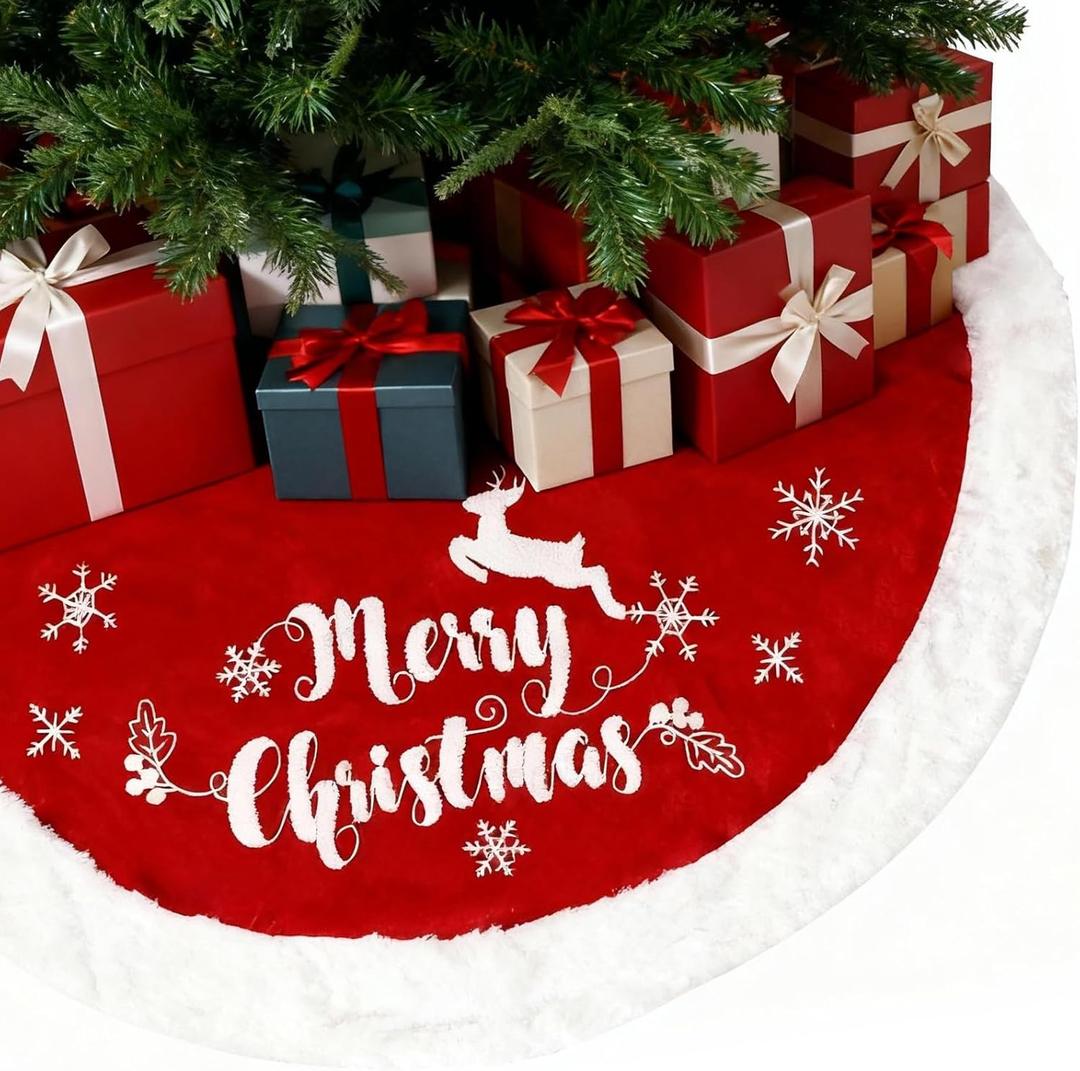 36 Inch Christmas Tree Plush Skirt,Red Faux Fur Christmas Tree Skirt with Snowflakes,Christmas Decorations Tree Base Skirt for Xmas Tree Decoration,Holiday Home Party Decor