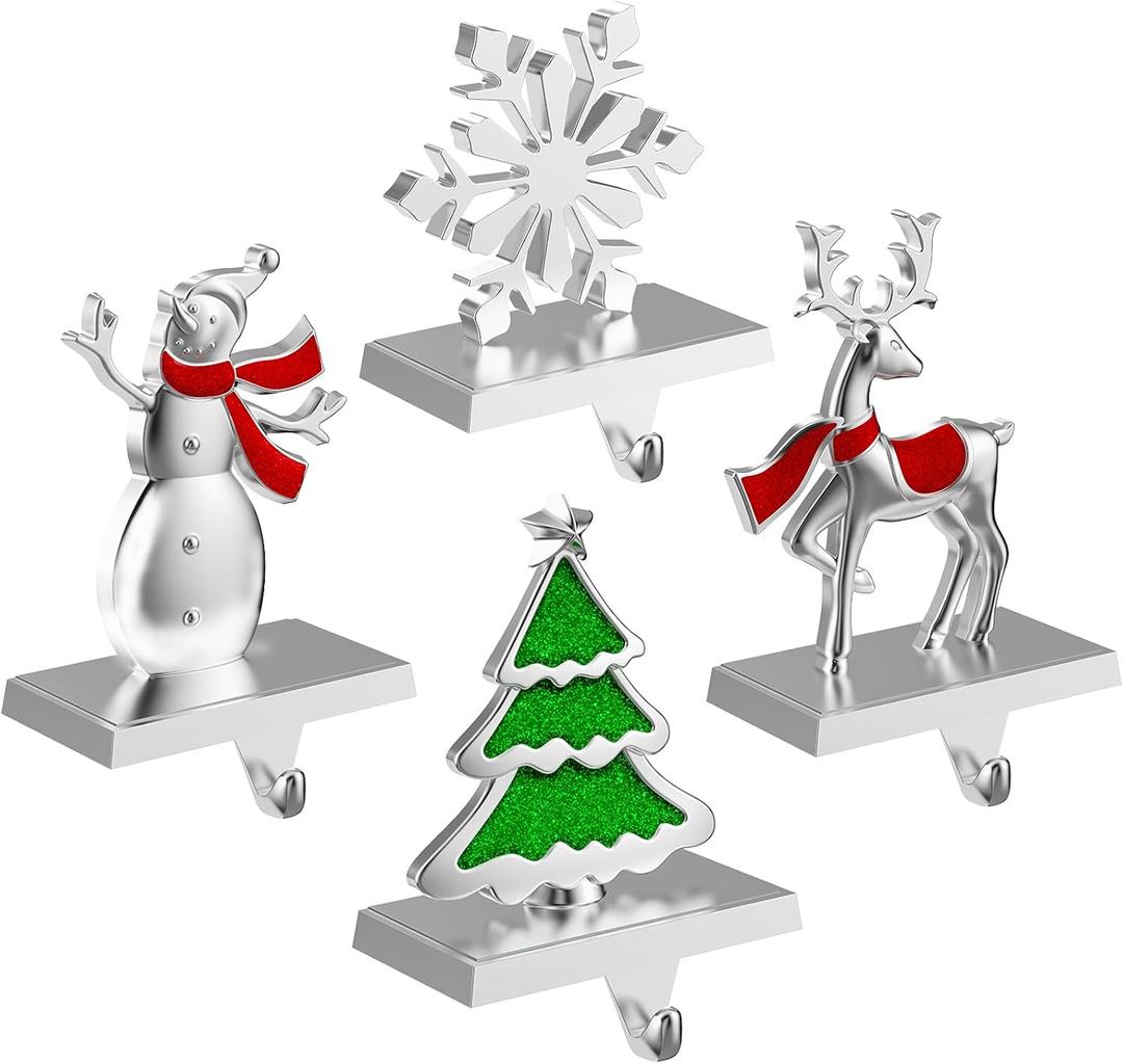 4 Pack Christmas Stocking Holders for Mantle, Stockings Hangers Set of 4, Snowflake Snowman Tree Deer Reindeer Heavy Weighted Hooks for Mantel Fireplace Windows Indoor Decorations Silver