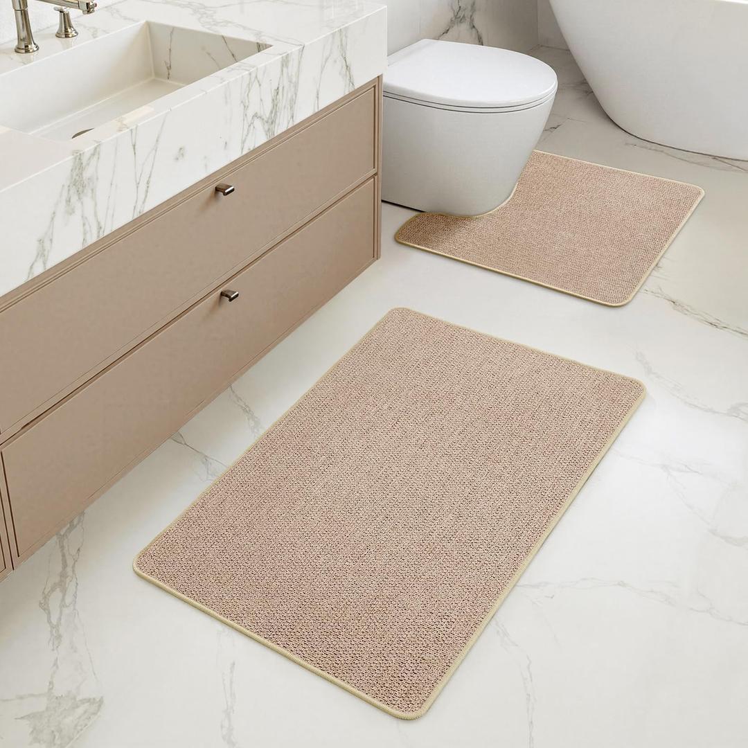 MIULEE Set of 2 Ultra Thin Bathroom Rugs, Rubber Bath Mat, U-Shaped Toilet Rug for Bathroom, Non Slip Quick Dry Absorbent Machine Washable, Fit Under Door, Shower, Sink, Beige, 17"x27"+20"x24"