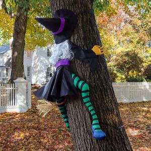 POPGIFTU 63" Crashing Witch Halloween Decoration  Flying Witch on Broom Into Tree Outdoor Yard Prop for Porch, Lawn, Garden, Pillars, Door, or Haunted House Decor (Green and Black)