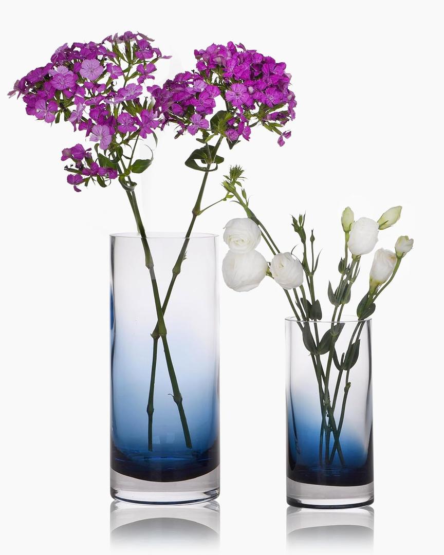 CONVIVA Blue Glass Vases for Flowers Set of 2, Modern Blown Glass Cylinder Centerpieces,Heavy Thick Ombre Home Decor for Coastal Dining Table, Tall and Small 10" & 7"