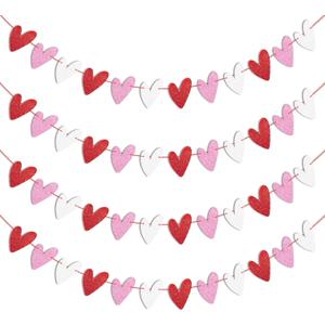 Tifeson 4 Pack Glitter Heart Garland Banner, NO DIY, Valentine's Day Decorations, Red Pink White Paper Heart Banner for Valentines Home Mantle Wall Table Wedding Engagement Anniversary Galentines Decor