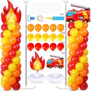 2 Sets Fire Party Balloon Column Stand Kit With 102 Fire Truck Foil Balloons 5.57Ft Adjustable Balloon Tower Stand With Base Adjustable Arch Column for Firefighter Rescue Birthday Party Supplies