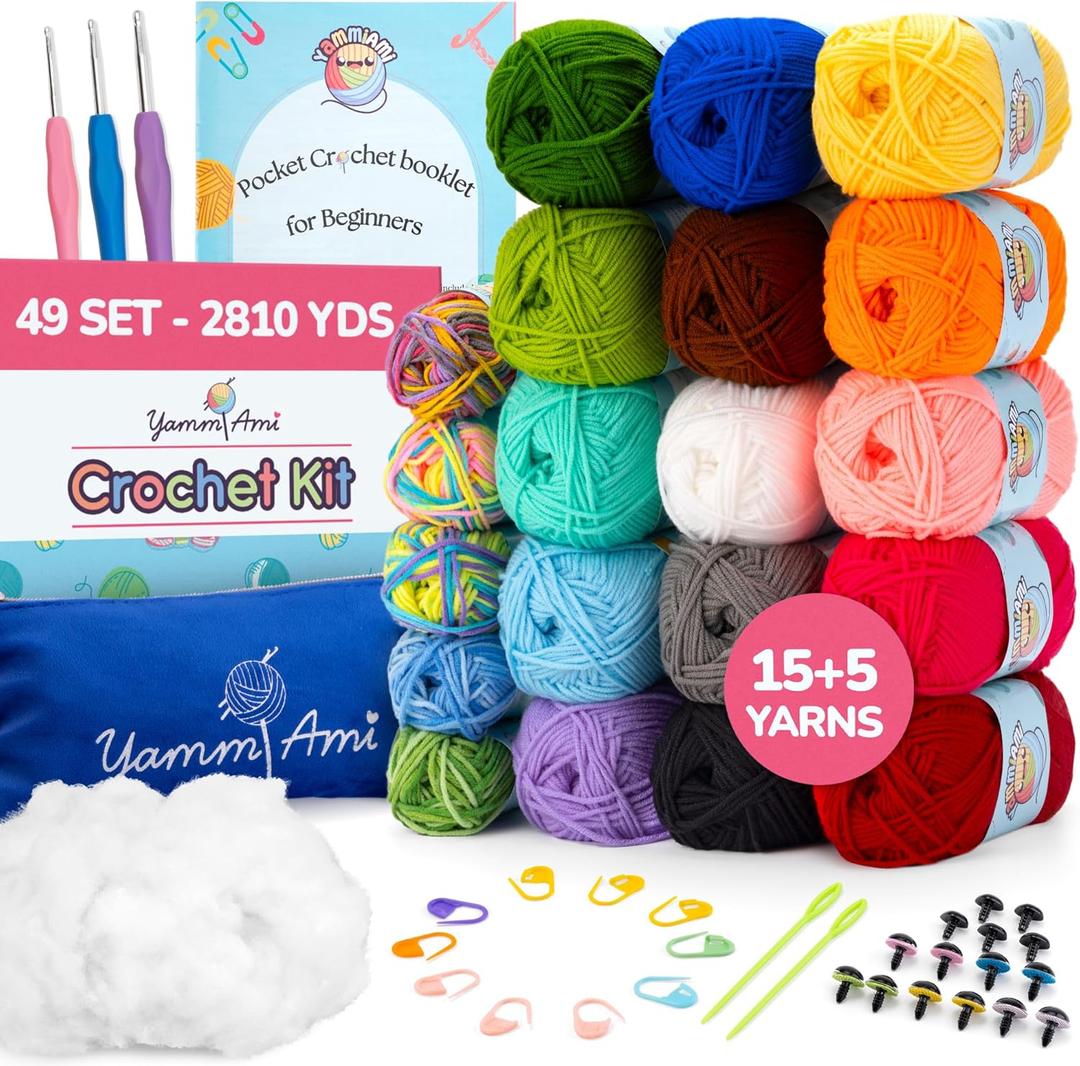 2,810 Yards Beginner Crochet Kit for Adults & Kids 49 Pc Amigurumi Crochet Kit for Starters with 20 Skeins Acrylic Yarn, Crochet Accessories Set, Pouch, and Bundle to Learn Crocheting, Multicolor 