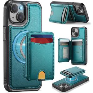 for iPhone 13 Wallet Case Compatible with Magsafe, Magnetic RFID Blocking Card Holder Kickstand 2 in 1 Detachable Case for iPhone 13 6.1", Bluish Green