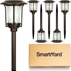 Solar Pathway Lights Outdoor - Pack of 6, 6 Lumens Warm White LED, Bronze Aluminum & Stainless Steel Weather-Resistant Outdoor Solar Lights for Yard, Garden, Walkway Lighting - Easy Stake Installation