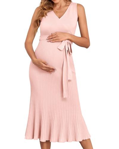 V FOR CITY Pink Maternity Dress Spring Summer Maternity Dresses Knit Midi Tie Belt Pregancy Baby Shower Clothes Sleeveless Pink Medium, M