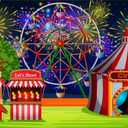 AOFOTO 7x5ft Fairground Circus Tent Backdrop Cartoon Amusement Park Ferris Wheel Fireworks Photography Background Playground Childhood Fun Carnival Party Decoration Studio Props Kid Vinyl Wallpaper