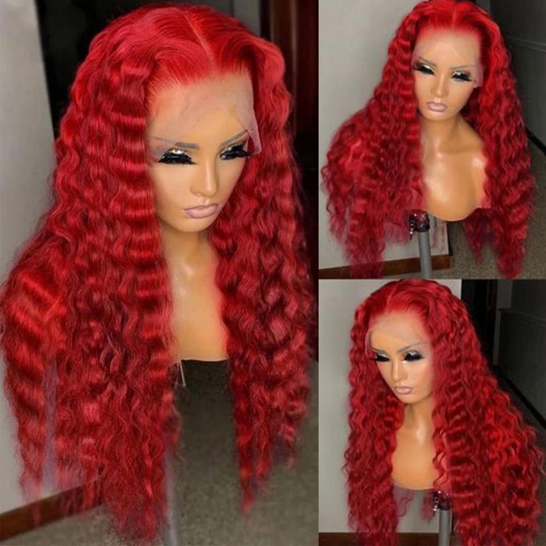 Bright Red Loose Curly Lace Front Wigs Pre Plucked Loose Curls Wig Glueless Red Colored Wigs Heat Resistant Long Water Wave Synthetic Lace Front Wigs for Fashion Black Women (24 Inch (Pack of 1))