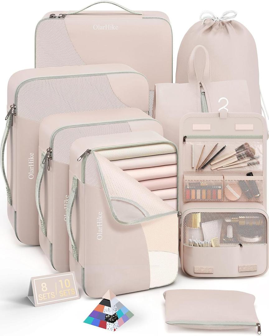 10 Set/8 Set Packing Cubes for Travel, Gifts for Women Mom,Anti-Tearing Suitcase Organizer for Luggage with Shoe & Hanging Toiletry Bag,OlarHike Vacation Essentials & Accessories for Cruise Ship,Cream (8 set (Short-Term Trip))