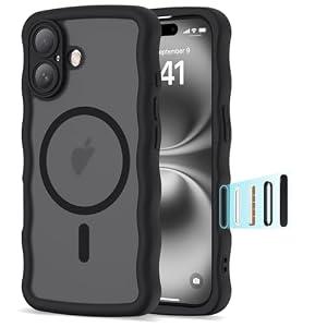 BTBTCASE Compatible with iPhone 16 Case 6.1" 2024, Cute Kawaii Curly Wave Frame Shape Shockproof Translucent Matte Protective Magnetic 16 Phone Case for Women Girls, Black