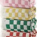 REDKISS Checkered Bath Towels Set - 4 Piece Large Shower Towels for Bathroom Decoration, Highly Absorbent Cotton Bath Towel of 4, Cute Checkered Shower Retro Towel for Bathroom, Multicolored (Green & Red & Pink & Yellow)