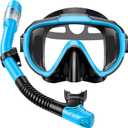 Snorkel Set Adults Snorkeling Gear Anti-Fog Panoramic View Swim Mask Dry Top Snorkel Kit with Carry Bag for Snorkeling Scuba Diving Swimming Travel (Light Blue+Black)