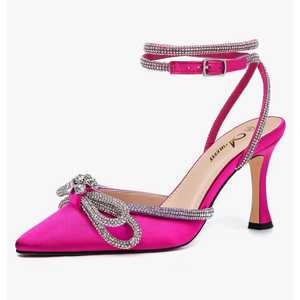 Athlefit Women's Rhinestone Bow Heels Ankle Strap Pointed Toe Stiletto Heeled Sandals Wedding Bridal Dress Pumps Shoes, Size 7