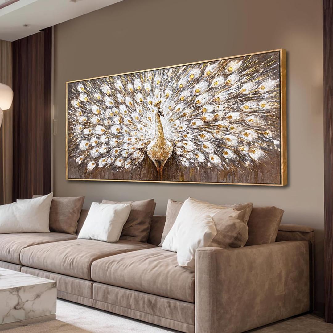 White And Gold Peacock Wall Art,Large Canvas Wall Decor,Pictures Artwork Animal Posters Prints for Living Room Restroom Home Decor Framed 29"x58"