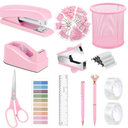 13 in 1 Pink Office Supplies, Pink Desk Accessories for Women with Stapler,Tape Dispenser,1000 Staples,Pen Holder,Staple Remover,Clips,Ruler,Scissors, Tabs,Tape,Ballpoint Pen