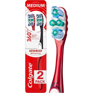 Colgate 360 Optic White Advanced Whitening Toothbrush, Adult Medium Toothbrush with Whitening Cups, Helps Whiten Teeth and Removes Odor Causing Bacteria, 2 Pack