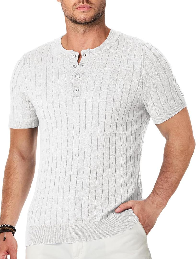 JMIERR Men's Knit Henley Shirts Casual Short Sleeve Button T-Shirt Cable Knitted Polo Shirts Golf Shirt (White, XXXL)
