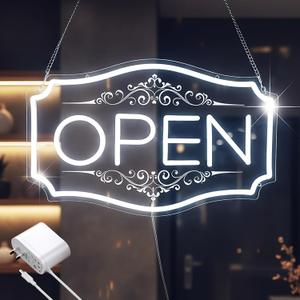 Open Sign for Business, LED Dimmable Neon Open Sign with 12V/2A Adapter, 16.5" x 10.5", White, Bright LED Visibility to Light Up Window, Wall, Bar, Coffee, Salon and Store