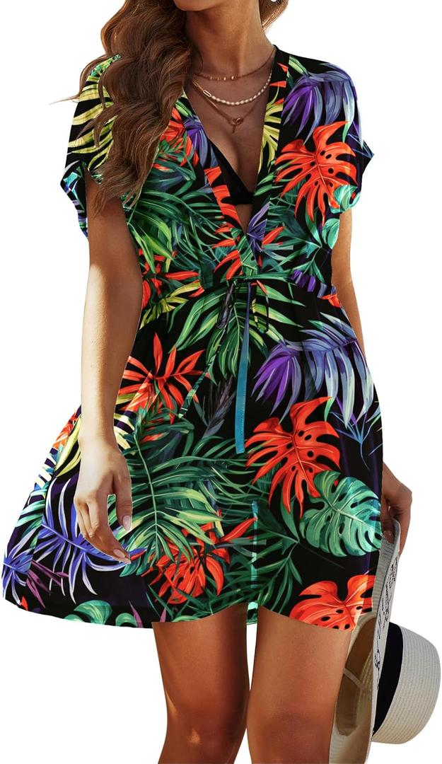 Avidlove Swimsuit Cover Ups for Women Beach Chiffon Swimwear Coverup Sheer Sexy V-Neck Beachwear (Large, Pat14 Red Black Leaf)