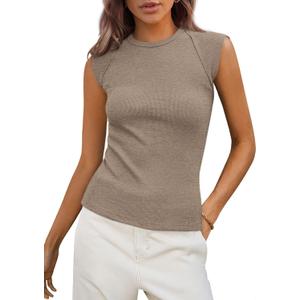 PRETTYGARDEN Women's Ribbed Tank Tops 2026 Summer Cap Sleeve Slim Fitted Knit Basic Casual Tee Shirts Trendy Fashion Clothes (Beige, XXL)