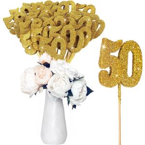 Amyhill 60 Pcs Glitter Gold 50th Birthday Centerpiece Sticks Sparkly Twinkle Number 50 Birthday Table Toppers Decorations Gold 50th Class Reunion Decorations Anniversary Table Puffy