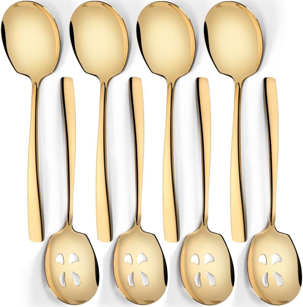 Serving Spoons Set 9.14 Inch Slotted Spoon Serving Spoon Stainless Steel Serving Utensils for Buffet Parties Catering Dishwasher Safe(Set of 8, Gold)