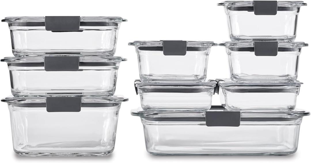 Rubbermaid Brilliance Glass Food Storage Containers, Assorted Sizes, Set of 9, BPAFree, LeakProof, Clear