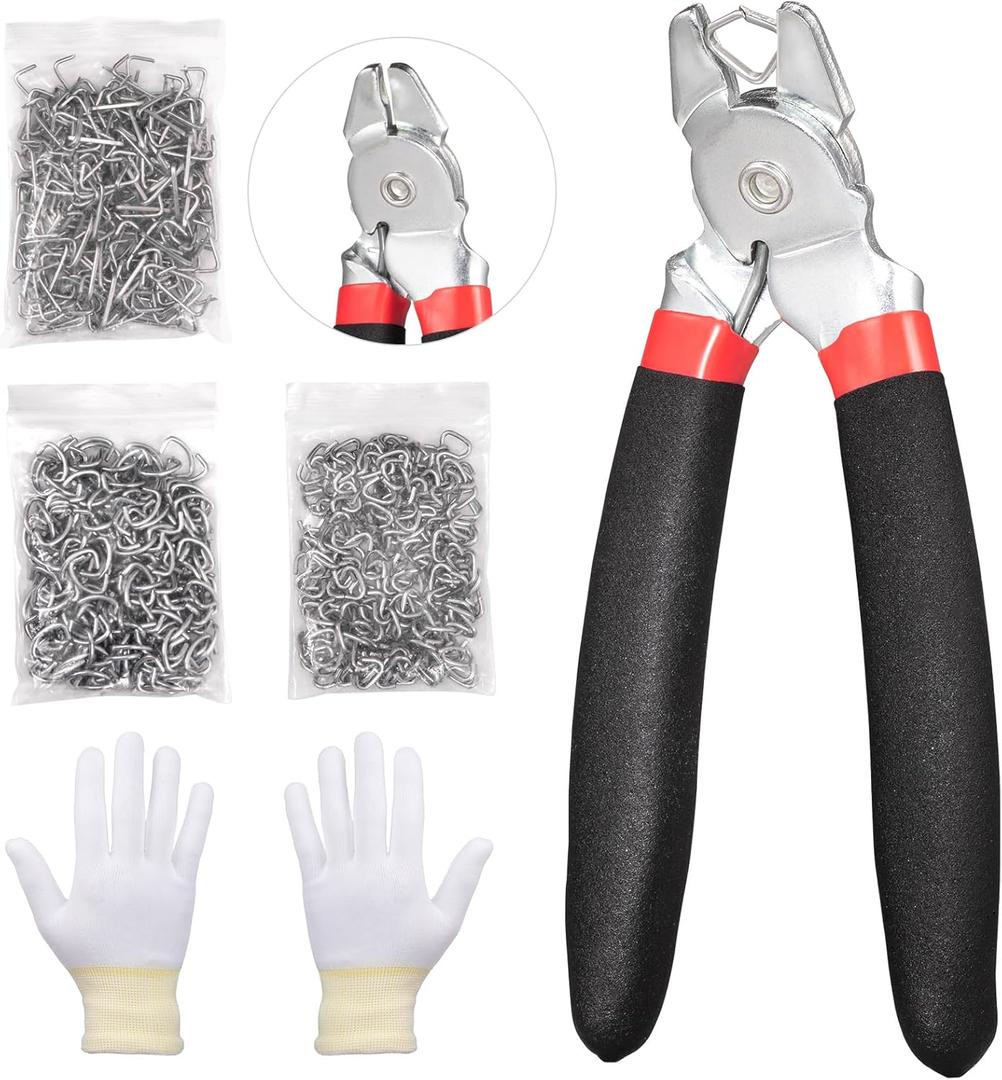 Spurtar Angled Hog Ring Pliers Kit with 360pcs 3/4" 1/2" 3/8" Hog Rings Spring-Loaded A3 Steel for Upholstery Fencing Animal Pet Cage Craft Bagging Netting Trap