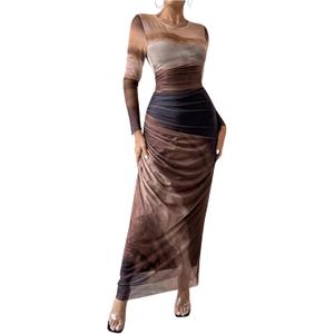 BEAUDRM Women's Fall Wedding Guest Dress Long Sleeve Cocktail Date Night Sexy Y2K Bodycon Ruched Mesh Formal Maxi Dresses (Brown) XS