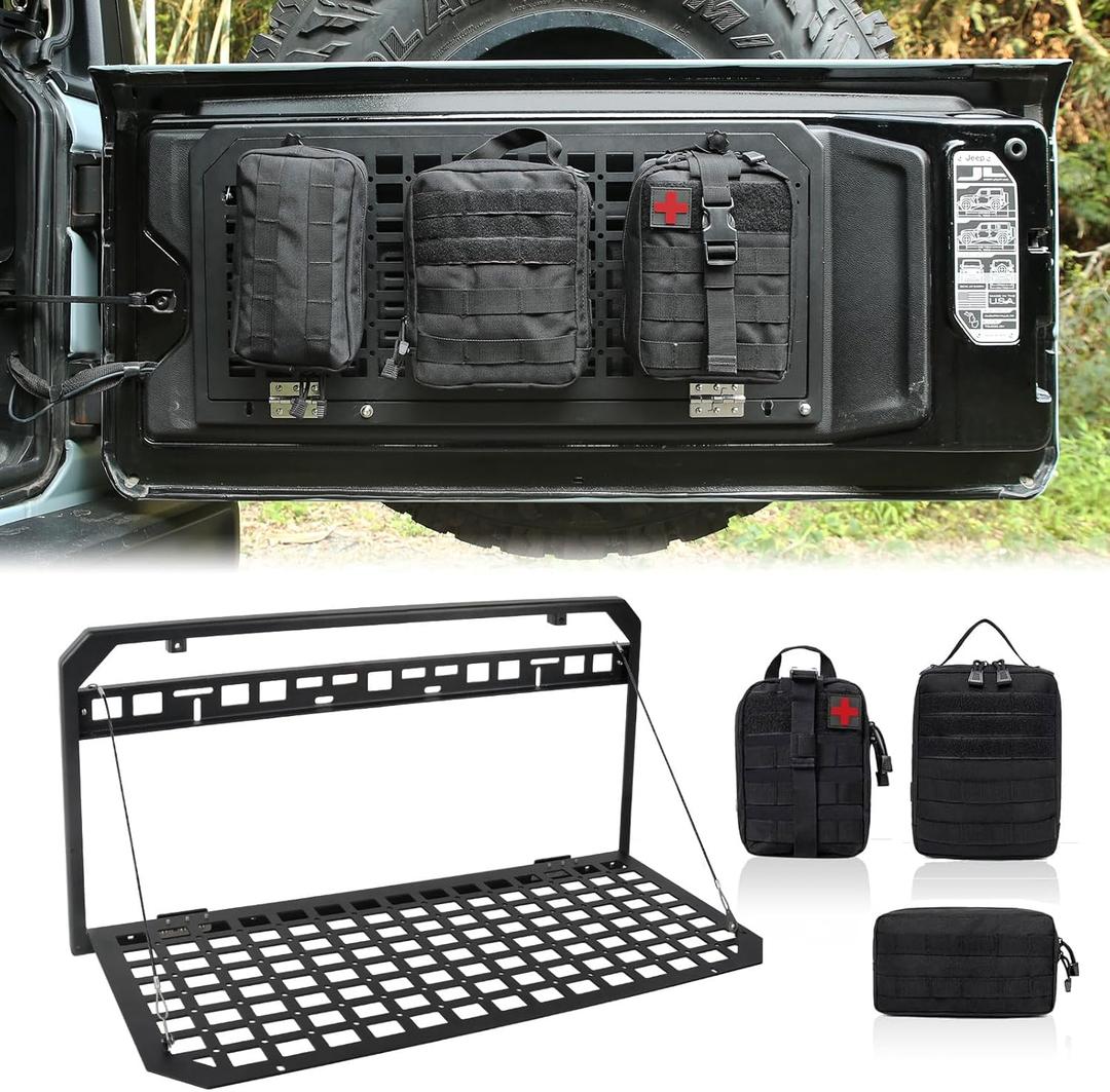 MAIKER Tailgate Table 3 Storage Bags,Tailgate MOLLE Panel Compatible with 2007-2024 Jeep Wrangler JK JKU JL JLU Foldable Cargo Shelf Aluminum Alloy Storage Shelf (Not Fit Models with Stock Subwoofer)