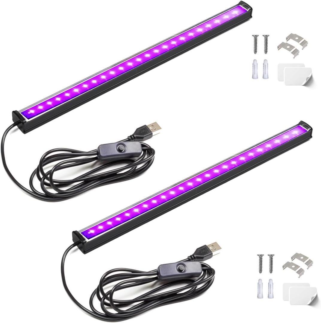 Black Light Bar, 1ft USB UV Black Light Fixture for Fluorescent Tapestry, Body Paint, Halloween, Christmas - 2-Pack with On/Off Switch (Upgraded-10W-2Pack)