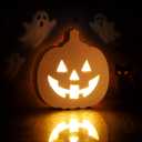 Flutesan 1 Pc Halloween Wooden Light up Pumpkin Table Centerpiece Decoration Battery Operated Pumpkin for Thanksgiving Halloween Home Kitchen Desk Tabletop Fireplace Indoor Outdoor Decor