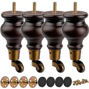6 inch / 16cm Wooden Furniture Legs with Casters Wheels, Pack of 4 Classic Walnut Solid Wood Round DIY Replacement Bun Feet with for DIY Project Sofa Couch Cabinet Ottoman Bed Riser