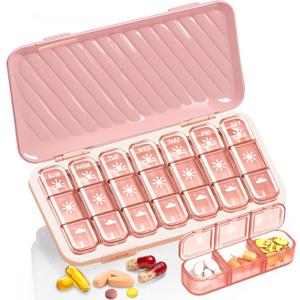 Pill Organizer 3 Times A Day, 7 Day Pill Box - GloDeals Weekly Pill Organizer, Portable Removable Daily Medicine Container Dispenser Case for Vitamin Fish Oil Supplement, Pink