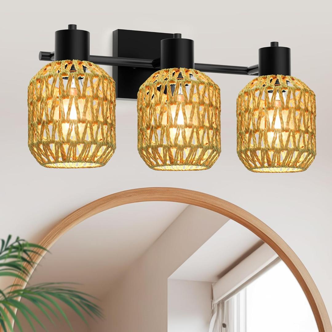 CHICLUX Bathroom Vanity Light, 3 Lights Boho Rattan Bathroom Lighting fixtures Over Mirror, Farmhouse Vanity Lighting Fixtures with 330 Adjustable Woven Lampshade, E26 Base (Bulbs Not Included) (3 lampshade)
