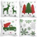 CaliTime Christmas Throw Pillow Covers Decorative 18 X 18 Inches Set of 4 Cozy Fleece Trees Deers Car Snowflakes Cushion Cases for Couch Sofa Bed Living Room Farmhouse Christmas Green Red