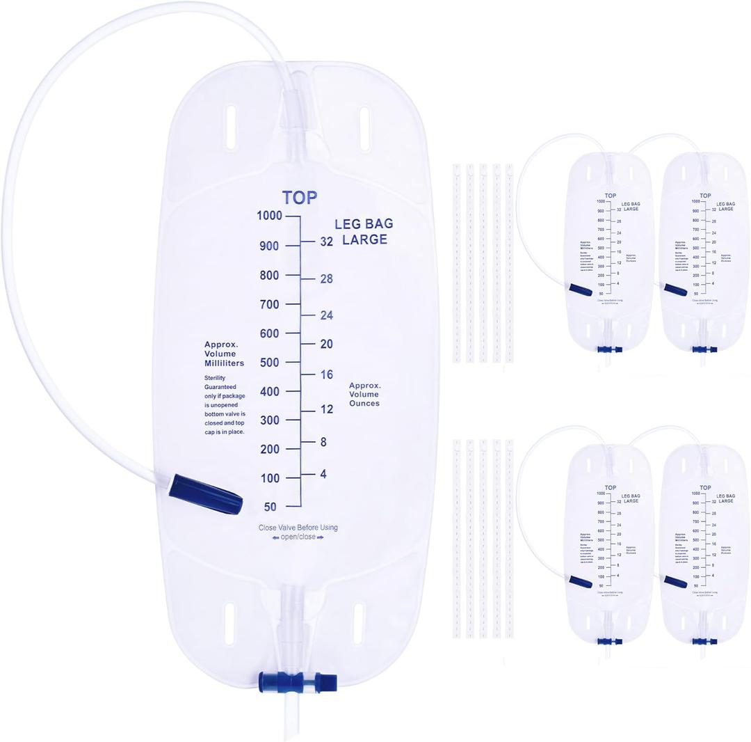 1000 mL Catheter Leg Bag for Men and Women 5 Pack Urinary Drainage Bag with Anti-Reflux Valve, Adjustable Cloth Straps, Individually Packed