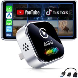 Wireless CarPlay Adapter for iPhone 2026 4-in-1 Dongle with AirPlay & Screen Mirroring, Low Latency, 5-Second Auto Connect for Wired Cars, Includes USB A/CSilvery
